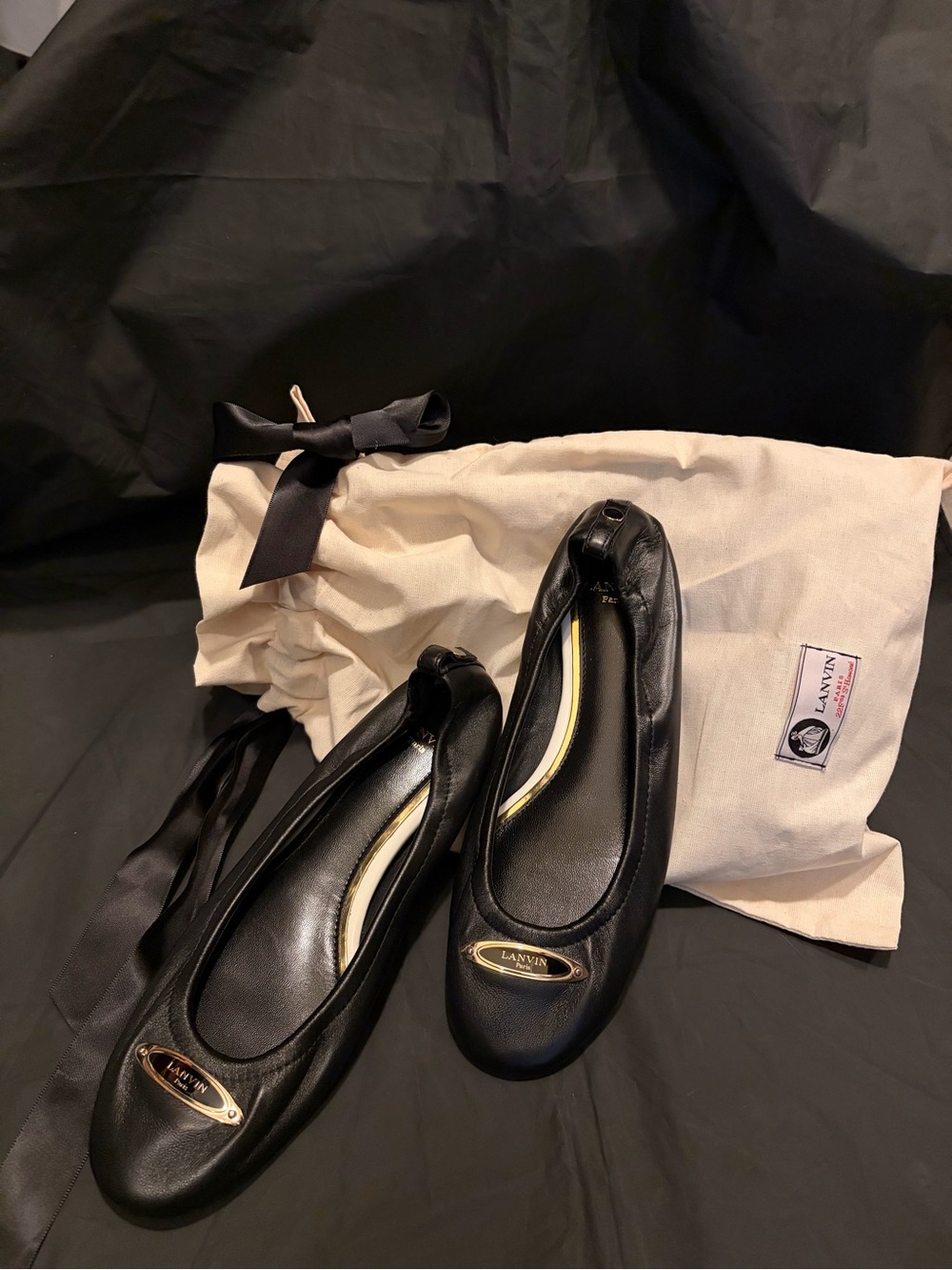 Lanvin Black Leather Ballet Flats with Gold Plaque